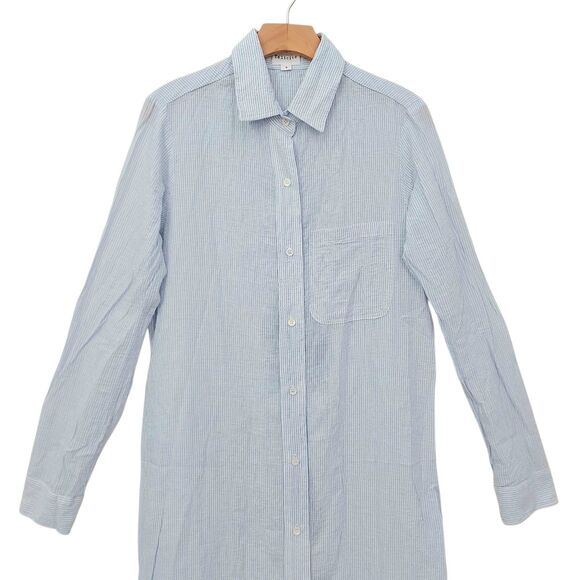 Felicite Maxi Shirtdress Womens 2 Blue Seersucker Stripe Cotton Blend Soft Gauze - Picture 2 of 12